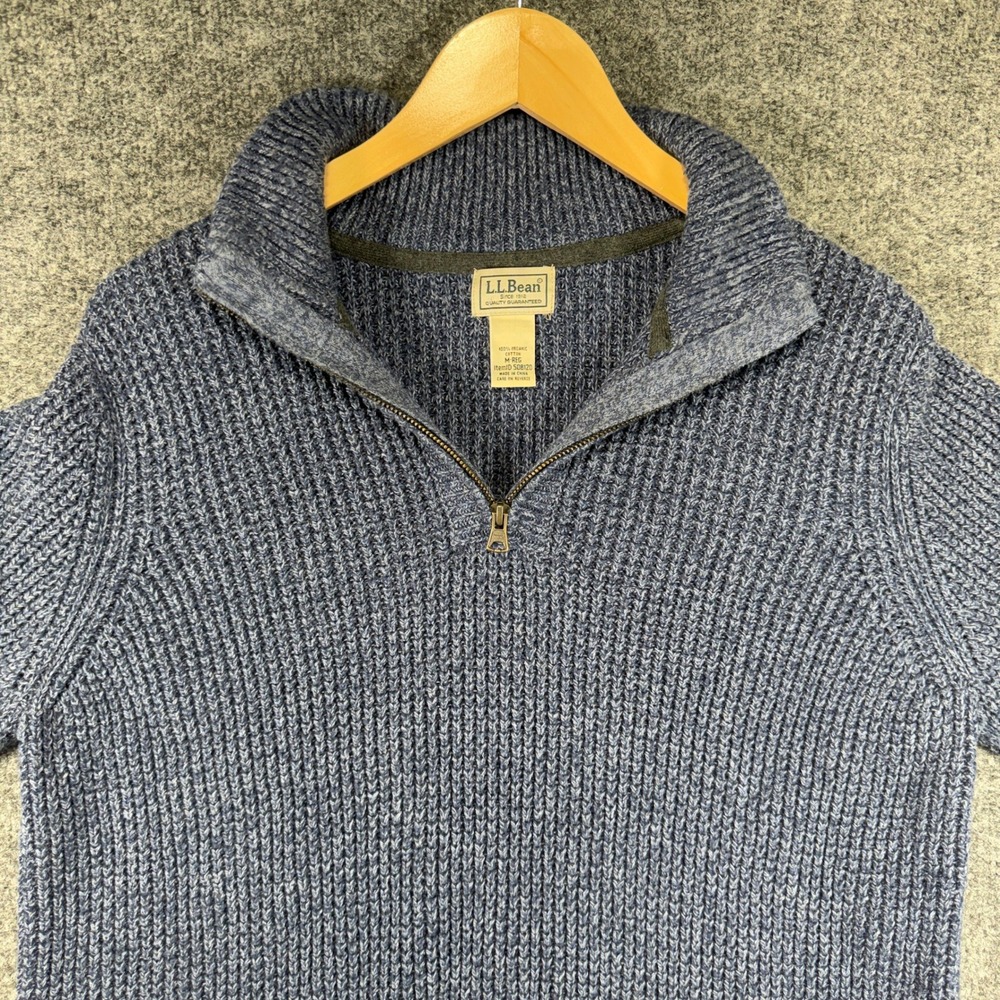 L.L. Bean Waffle Knit 1/4 Zip Sweater Men Medium Blue Marled Chunky Cotton Blend - Picture 2 of 9